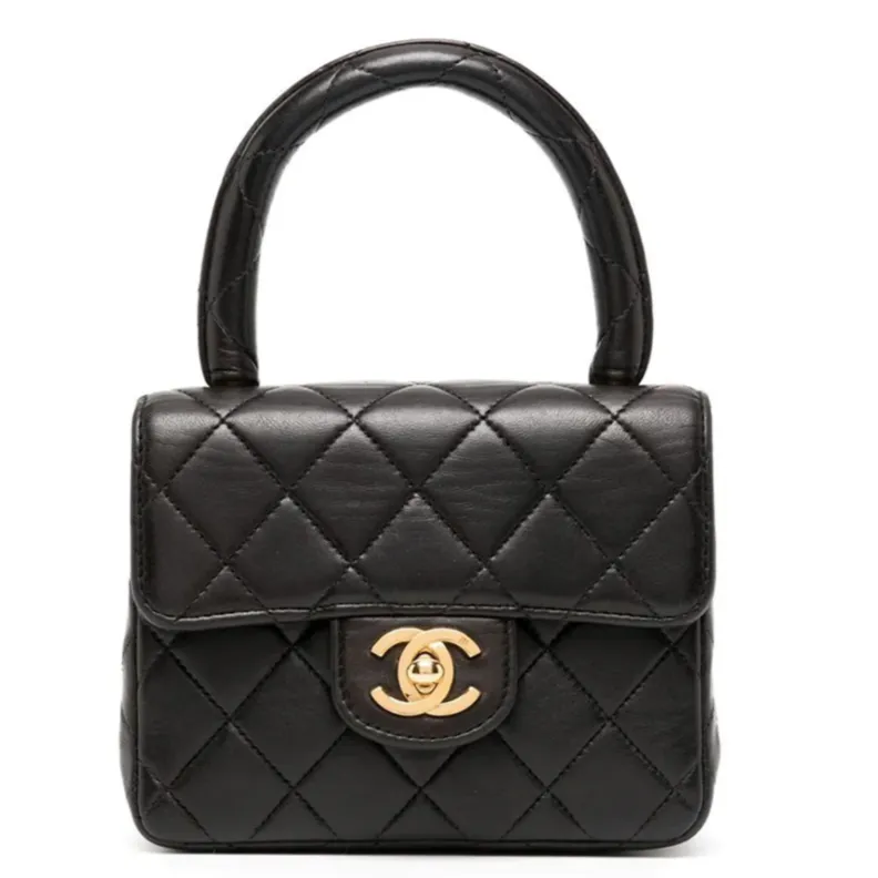 Black Lambskin Kelly Quilted Mini Flap