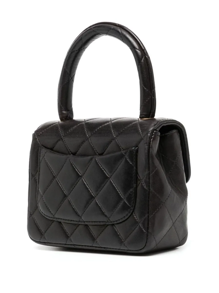 Black Lambskin Kelly Quilted Mini Flap