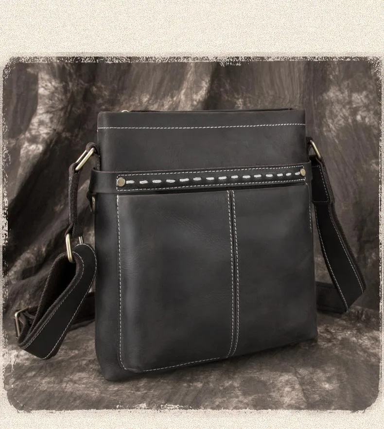Black LEATHER MEN'S Small Side bag Vertical MESSENGER BAG Courier Shoulder Bag FOR MEN