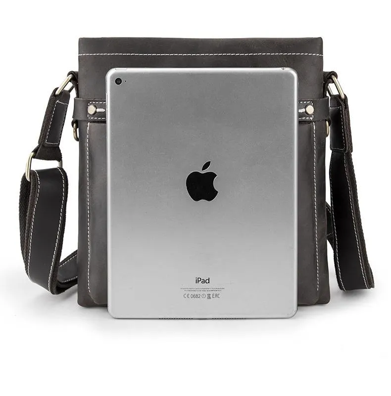 Black LEATHER MEN'S Small Side bag Vertical MESSENGER BAG Courier Shoulder Bag FOR MEN