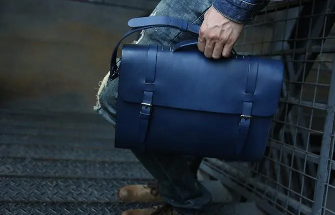 Blue Leather Mens Briefcase Messenger Bag Handbag Shoulder Bag for men