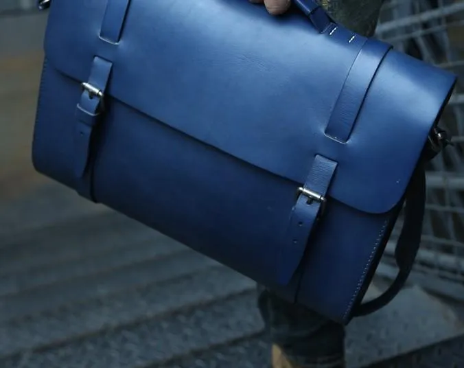 Blue Leather Mens Briefcase Messenger Bag Handbag Shoulder Bag for men