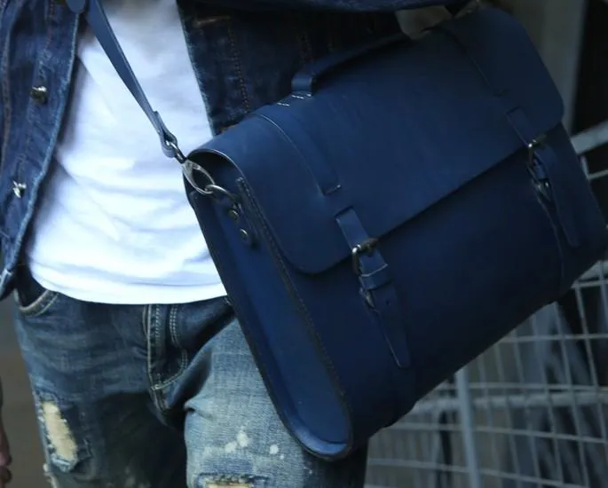 Blue Leather Mens Briefcase Messenger Bag Handbag Shoulder Bag for men