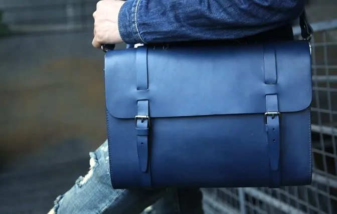 Blue Leather Mens Briefcase Messenger Bag Handbag Shoulder Bag for men