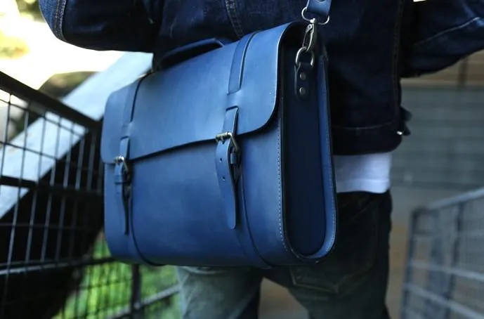 Blue Leather Mens Briefcase Messenger Bag Handbag Shoulder Bag for men