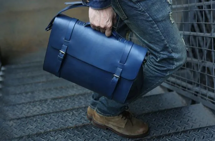 Blue Leather Mens Briefcase Messenger Bag Handbag Shoulder Bag for men