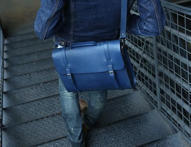 Blue Leather Mens Briefcase Messenger Bag Handbag Shoulder Bag for men