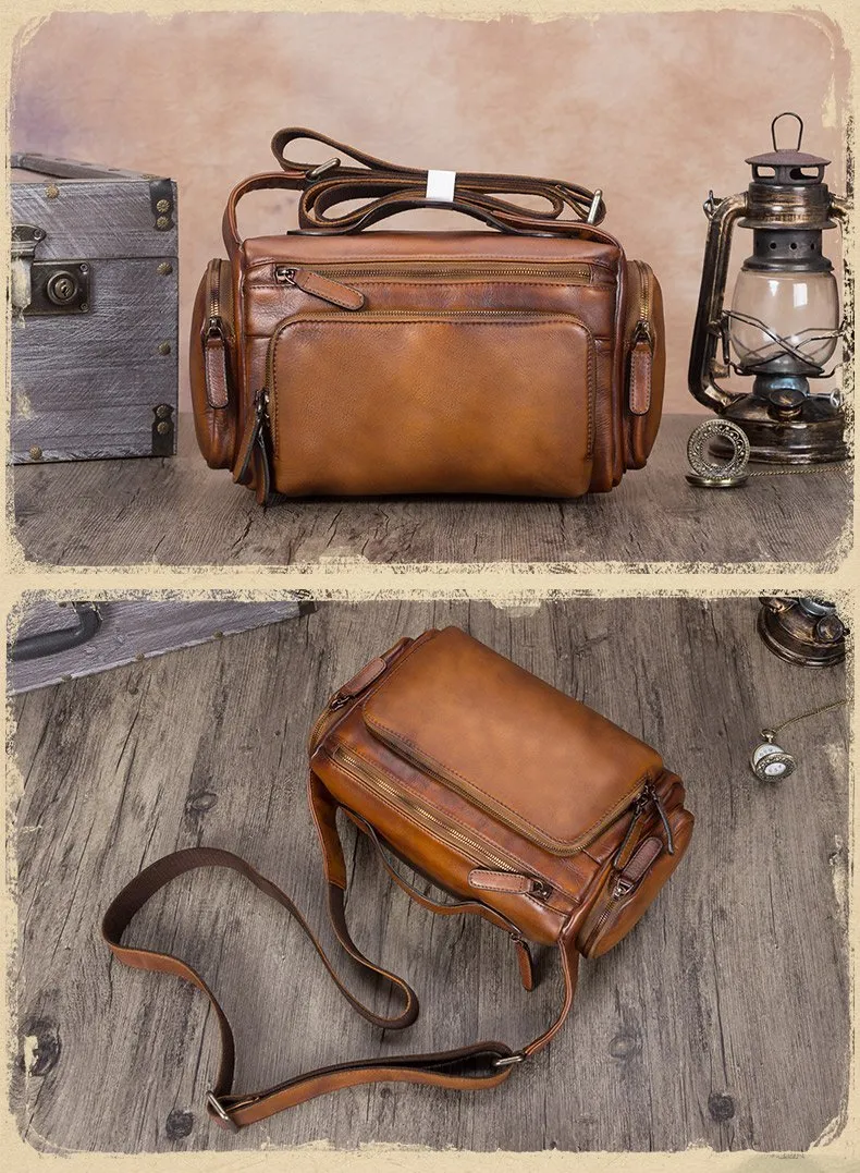 Blue VIntage Mens Leather Small Messenger Bag Tan SIde Bag Brown Courier Bag for Men