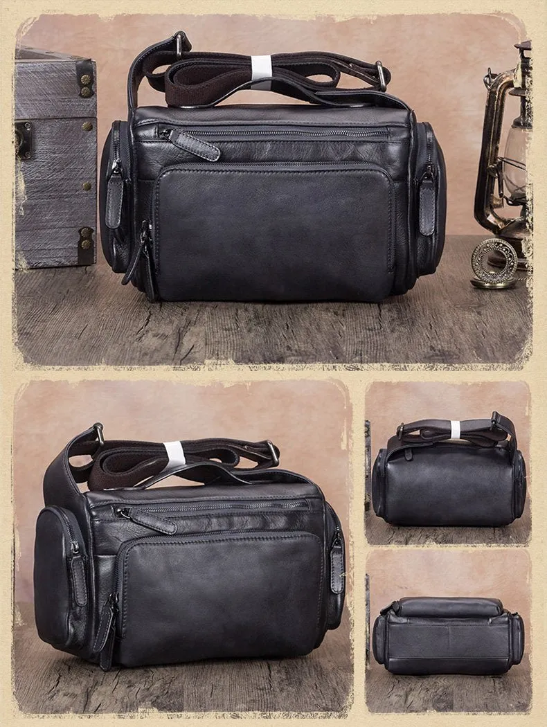 Blue VIntage Mens Leather Small Messenger Bag Tan SIde Bag Brown Courier Bag for Men