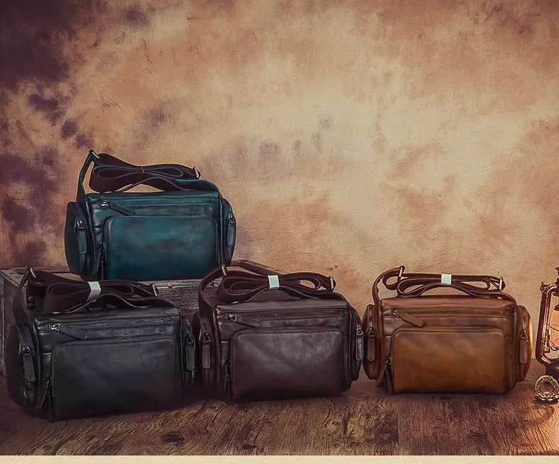 Blue VIntage Mens Leather Small Messenger Bag Tan SIde Bag Brown Courier Bag for Men