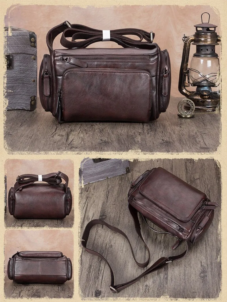 Blue VIntage Mens Leather Small Messenger Bag Tan SIde Bag Brown Courier Bag for Men