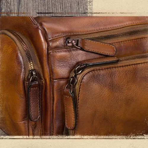 Blue VIntage Mens Leather Small Messenger Bag Tan SIde Bag Brown Courier Bag for Men