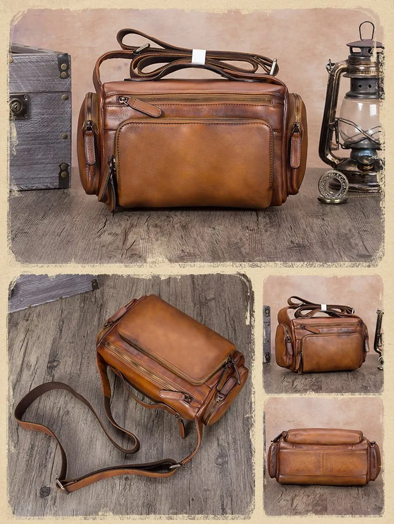 Blue VIntage Mens Leather Small Messenger Bag Tan SIde Bag Brown Courier Bag for Men