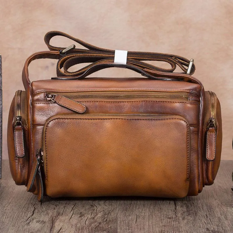 Blue VIntage Mens Leather Small Messenger Bag Tan SIde Bag Brown Courier Bag for Men