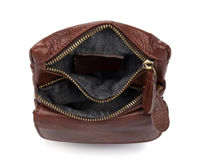 Brown Cool Leather Mens Belt Pouch Bag Mini Messenger Bag Side Bag Waist Bag for Men