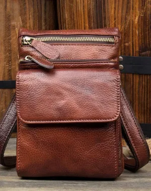 Brown Cool Leather Mens Belt Pouch Bag Mini Messenger Bag Side Bag Waist Bag for Men