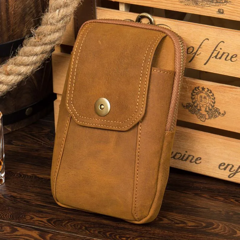 Brown Cool Mens Leather Waist Bag Belt Pouch Belt Bag Waist Phone Holder for Men