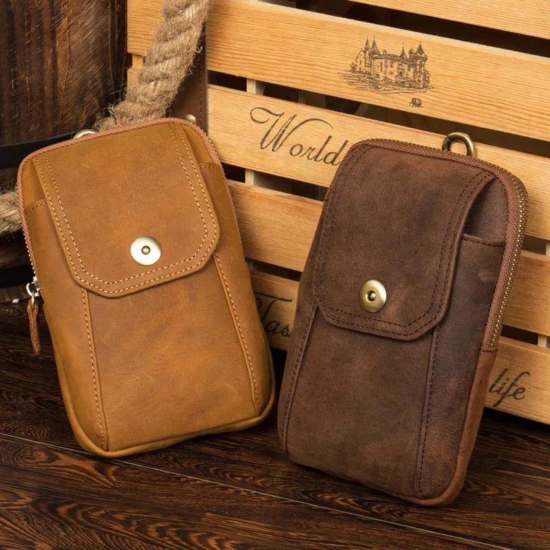 Brown Cool Mens Leather Waist Bag Belt Pouch Belt Bag Waist Phone Holder for Men