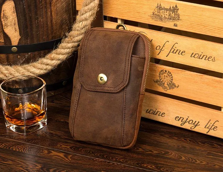 Brown Cool Mens Leather Waist Bag Belt Pouch Belt Bag Waist Phone Holder for Men