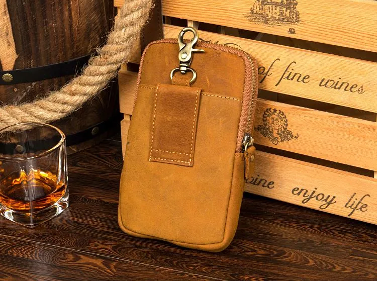 Brown Cool Mens Leather Waist Bag Belt Pouch Belt Bag Waist Phone Holder for Men