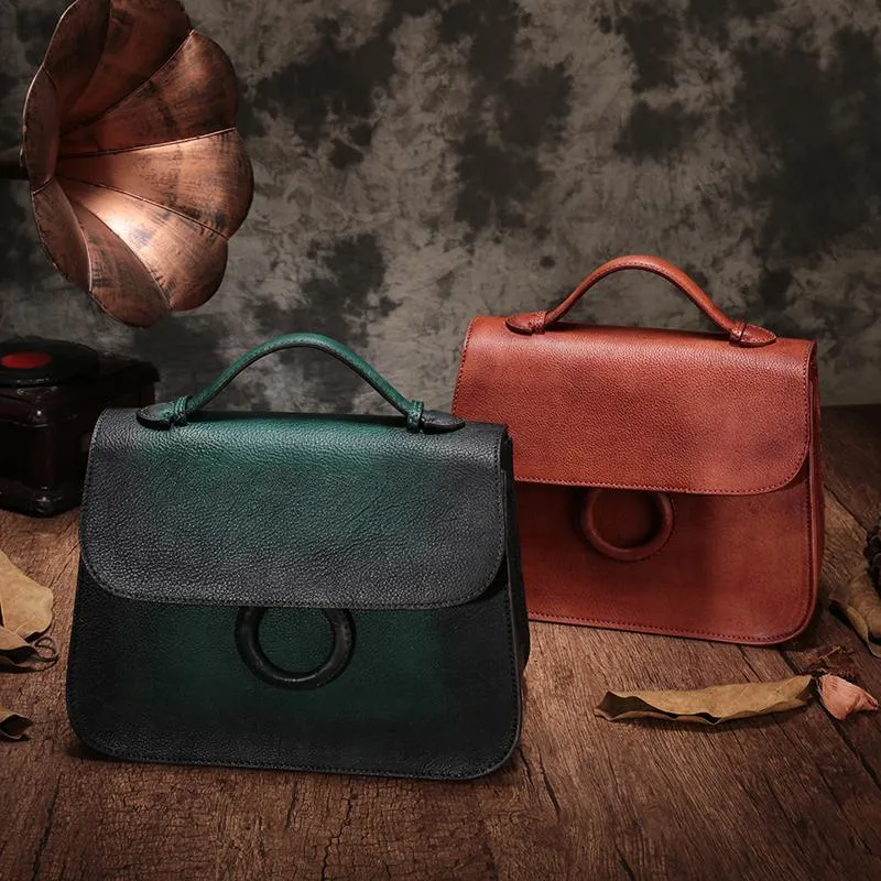 Brown Ladies Vintage Leather Shoulder Satchel Purse Green Handbags Structured Satchel Purse for Ladies