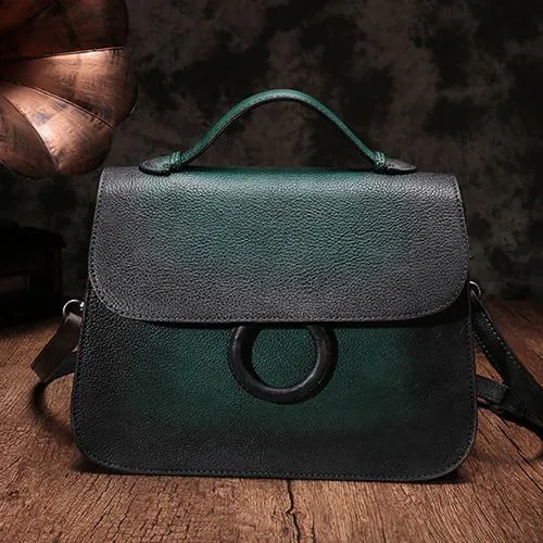 Brown Ladies Vintage Leather Shoulder Satchel Purse Green Handbags Structured Satchel Purse for Ladies