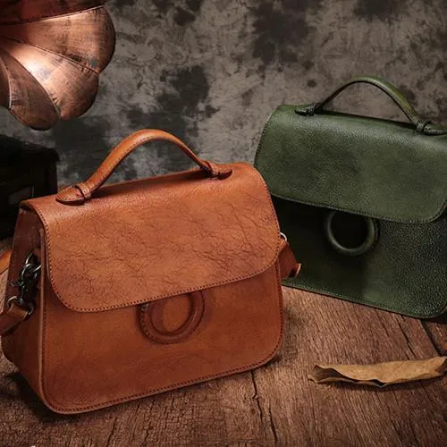 Brown Ladies Vintage Leather Shoulder Satchel Purse Green Handbags Structured Satchel Purse for Ladies