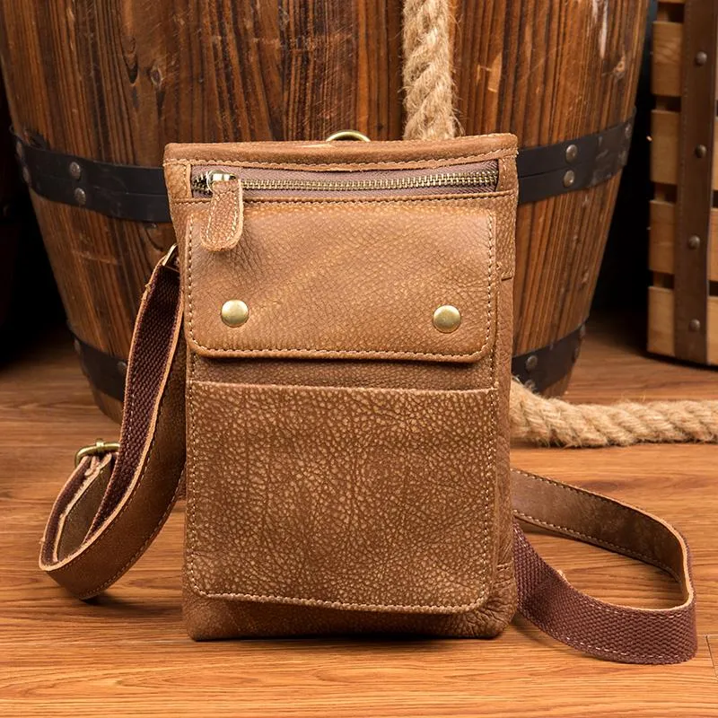 Brown Leather Belt Pouch Mens Small Waist Bag Belt Bag Mini Side Bag Courier Bag for Men
