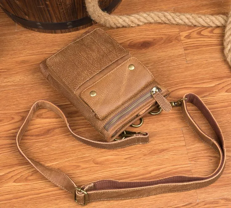 Brown Leather Belt Pouch Mens Small Waist Bag Belt Bag Mini Side Bag Courier Bag for Men