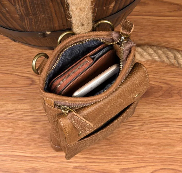 Brown Leather Belt Pouch Mens Small Waist Bag Belt Bag Mini Side Bag Courier Bag for Men
