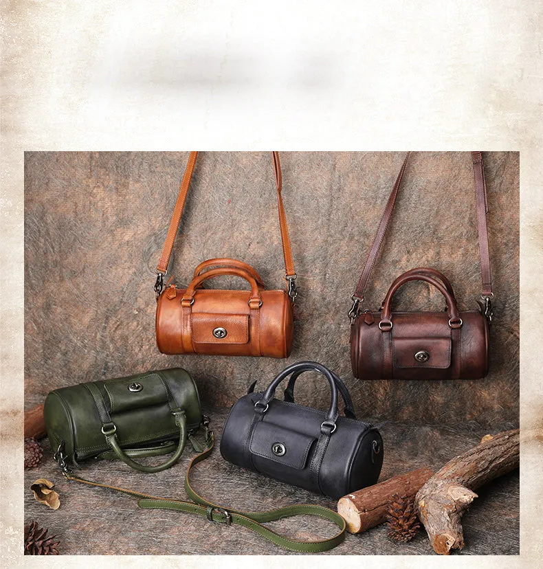 Brown Leather Womens Barrel Handbag Handmade Barrel Handbag Crossbody Purse for Ladies