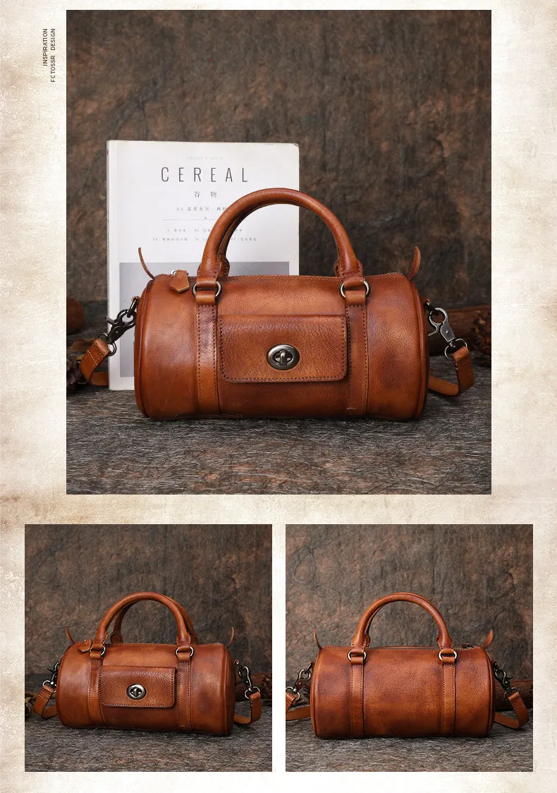 Brown Leather Womens Barrel Handbag Handmade Barrel Handbag Crossbody Purse for Ladies