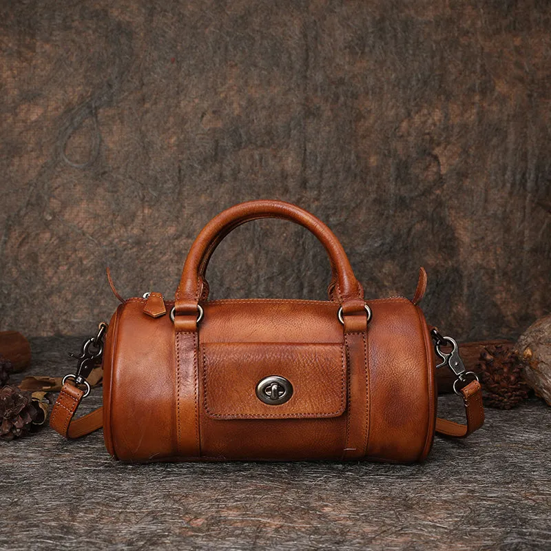 Brown Leather Womens Barrel Handbag Handmade Barrel Handbag Crossbody Purse for Ladies