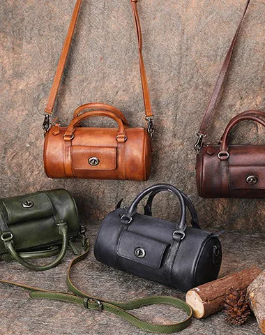 Brown Leather Womens Barrel Handbag Handmade Barrel Handbag Crossbody Purse for Ladies
