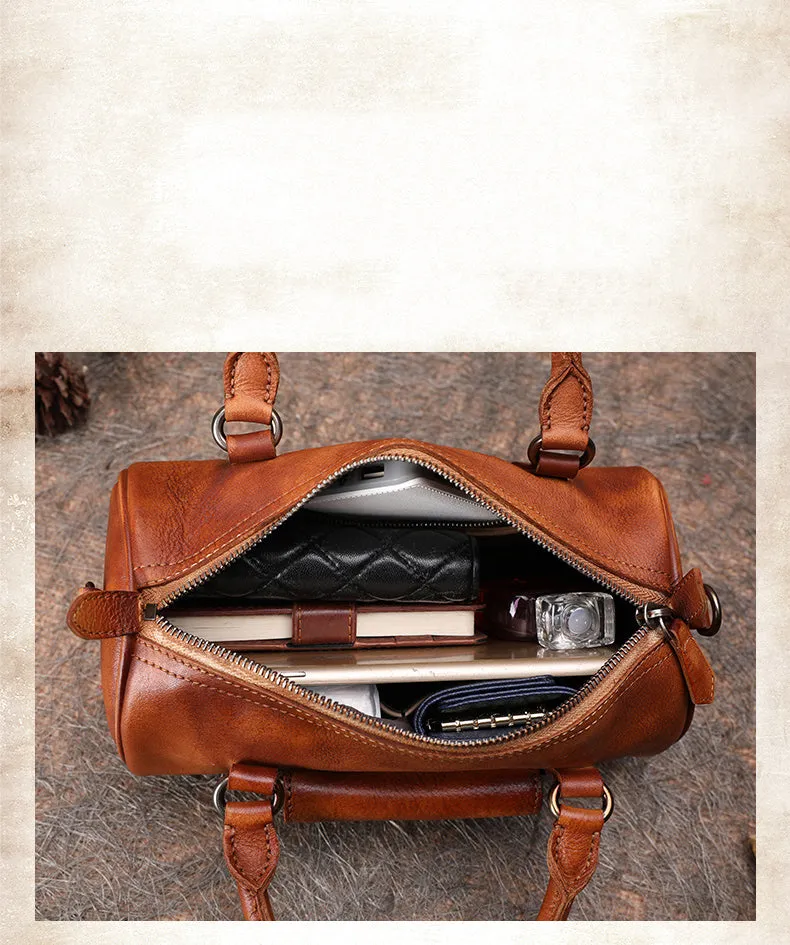 Brown Leather Womens Barrel Handbag Handmade Barrel Handbag Crossbody Purse for Ladies