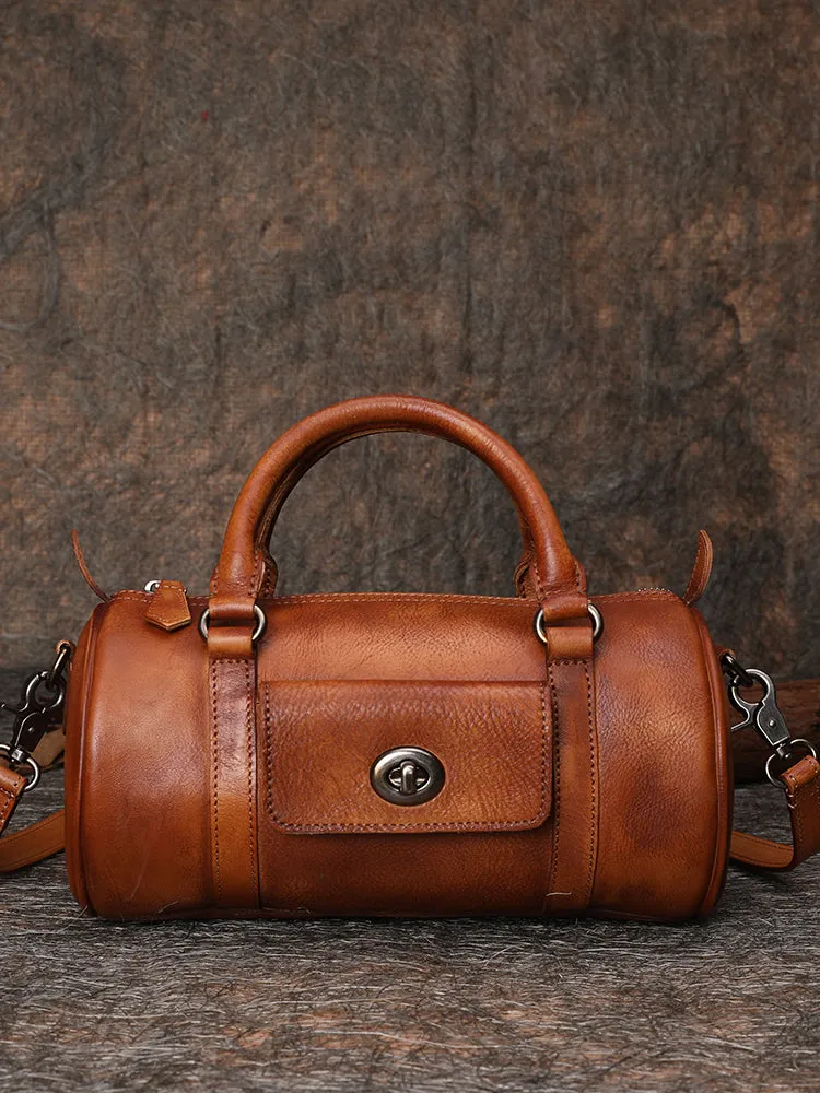 Brown Leather Womens Barrel Handbag Handmade Barrel Handbag Crossbody Purse for Ladies
