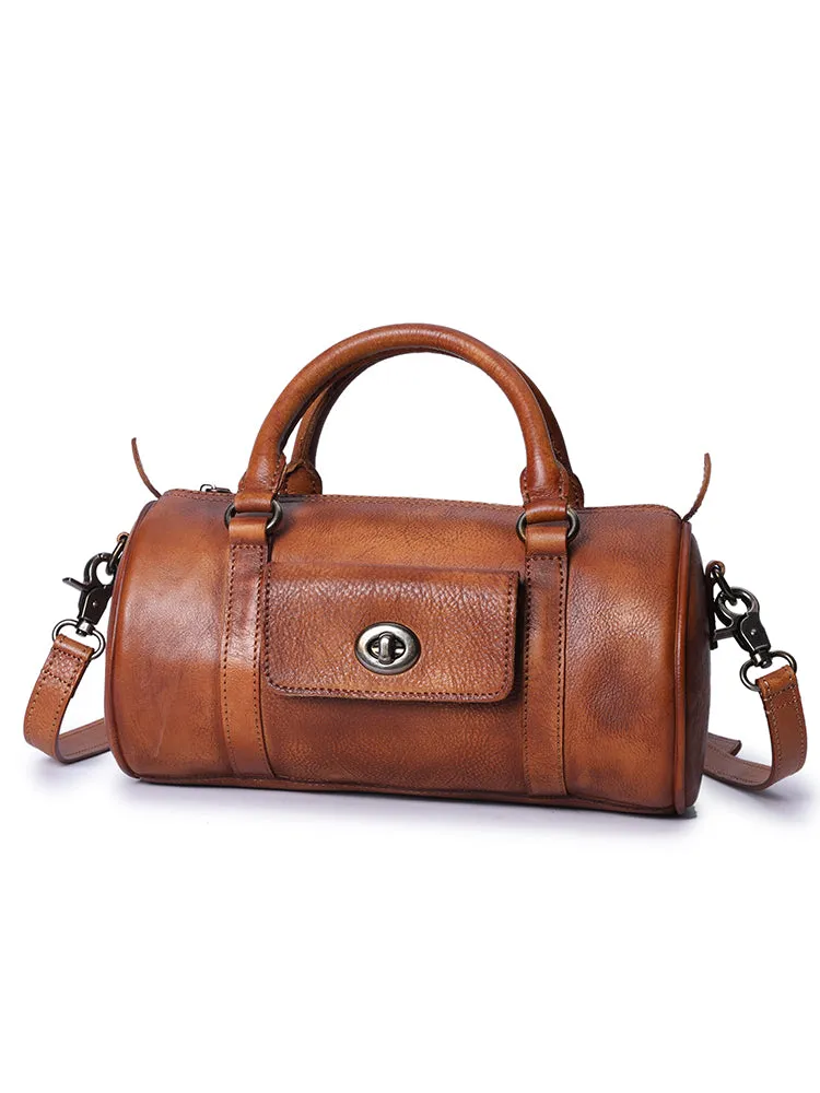 Brown Leather Womens Barrel Handbag Handmade Barrel Handbag Crossbody Purse for Ladies