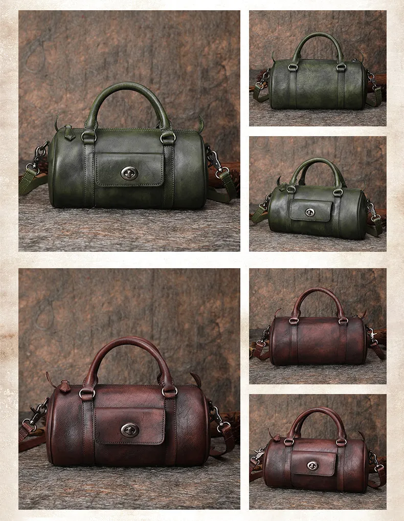 Brown Leather Womens Barrel Handbag Handmade Barrel Handbag Crossbody Purse for Ladies