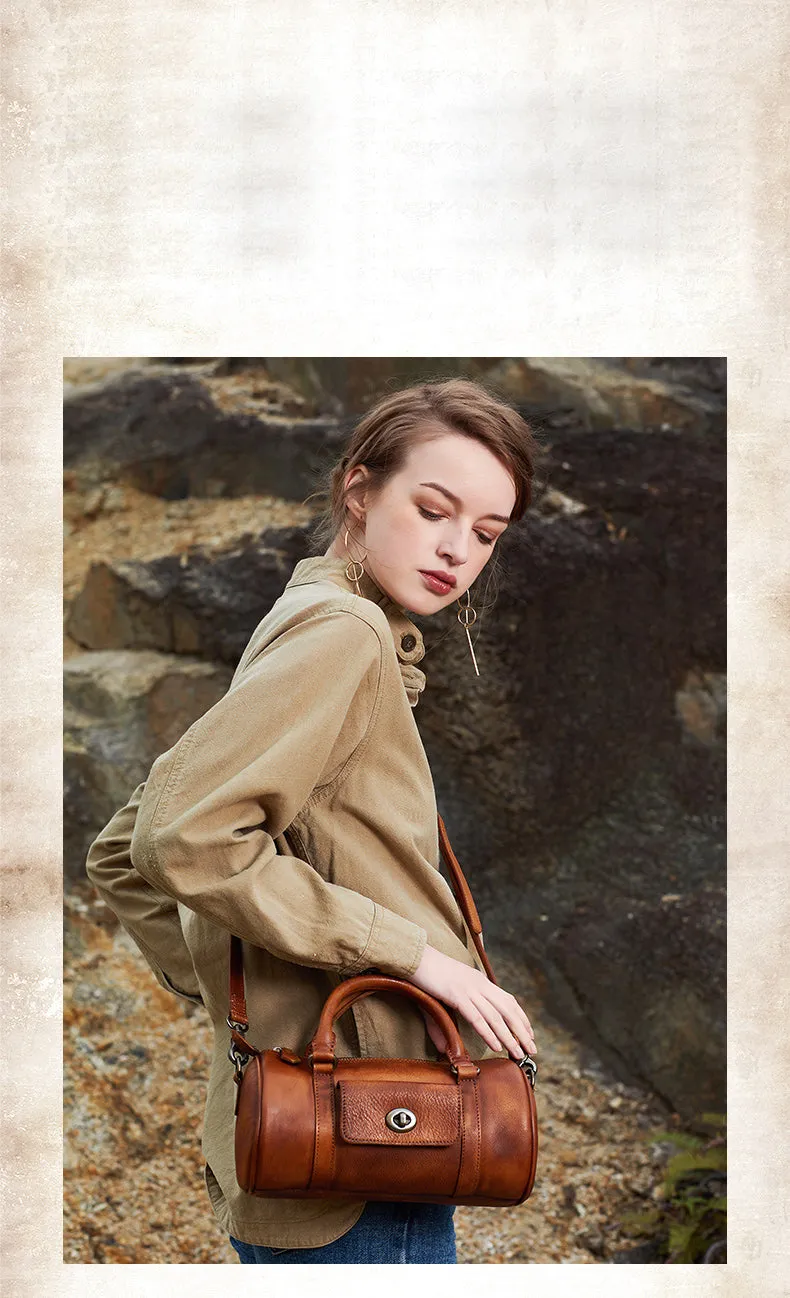 Brown Leather Womens Barrel Handbag Handmade Barrel Handbag Crossbody Purse for Ladies