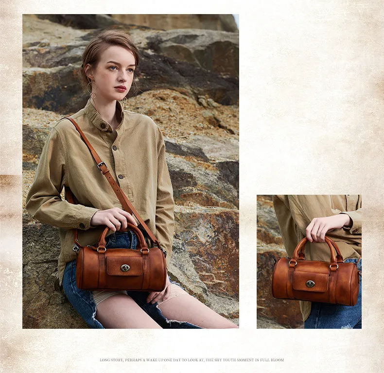 Brown Leather Womens Barrel Handbag Handmade Barrel Handbag Crossbody Purse for Ladies