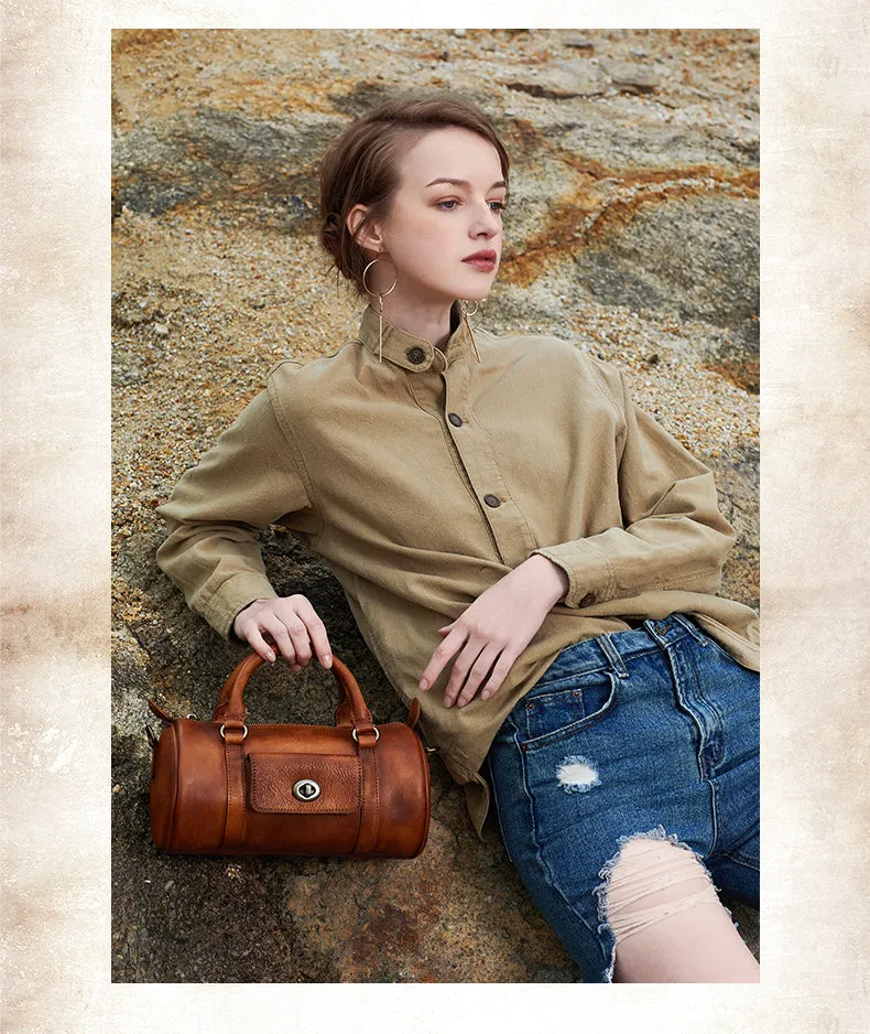 Brown Leather Womens Barrel Handbag Handmade Barrel Handbag Crossbody Purse for Ladies