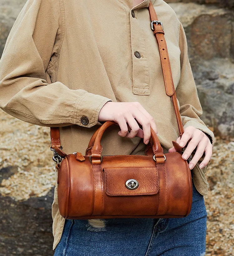 Brown Leather Womens Barrel Handbag Handmade Barrel Handbag Crossbody Purse for Ladies
