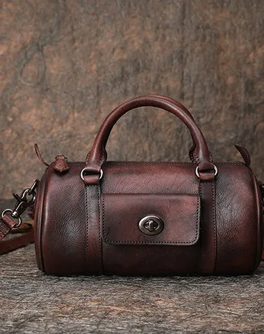 Brown Leather Womens Barrel Handbag Handmade Barrel Handbag Crossbody Purse for Ladies