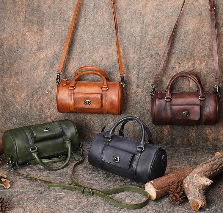 Brown Leather Womens Barrel Handbag Handmade Barrel Handbag Crossbody Purse for Ladies
