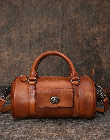 Brown Leather Womens Barrel Handbag Handmade Barrel Handbag Crossbody Purse for Ladies