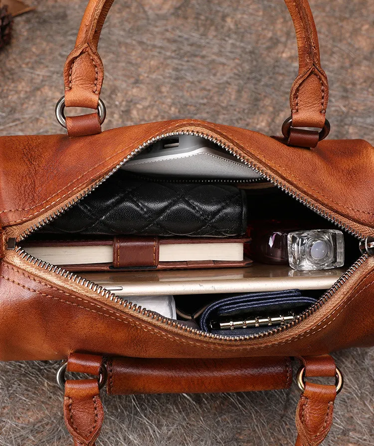 Brown Leather Womens Barrel Handbag Handmade Barrel Handbag Crossbody Purse for Ladies