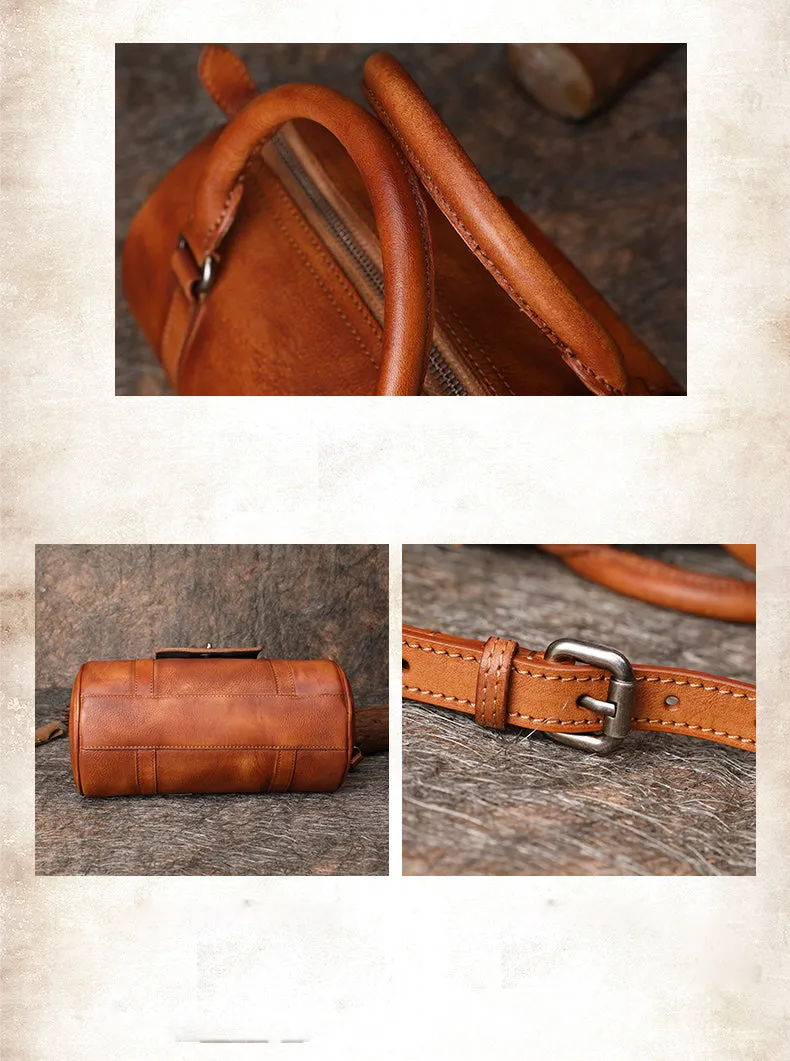 Brown Leather Womens Barrel Handbag Handmade Barrel Handbag Crossbody Purse for Ladies