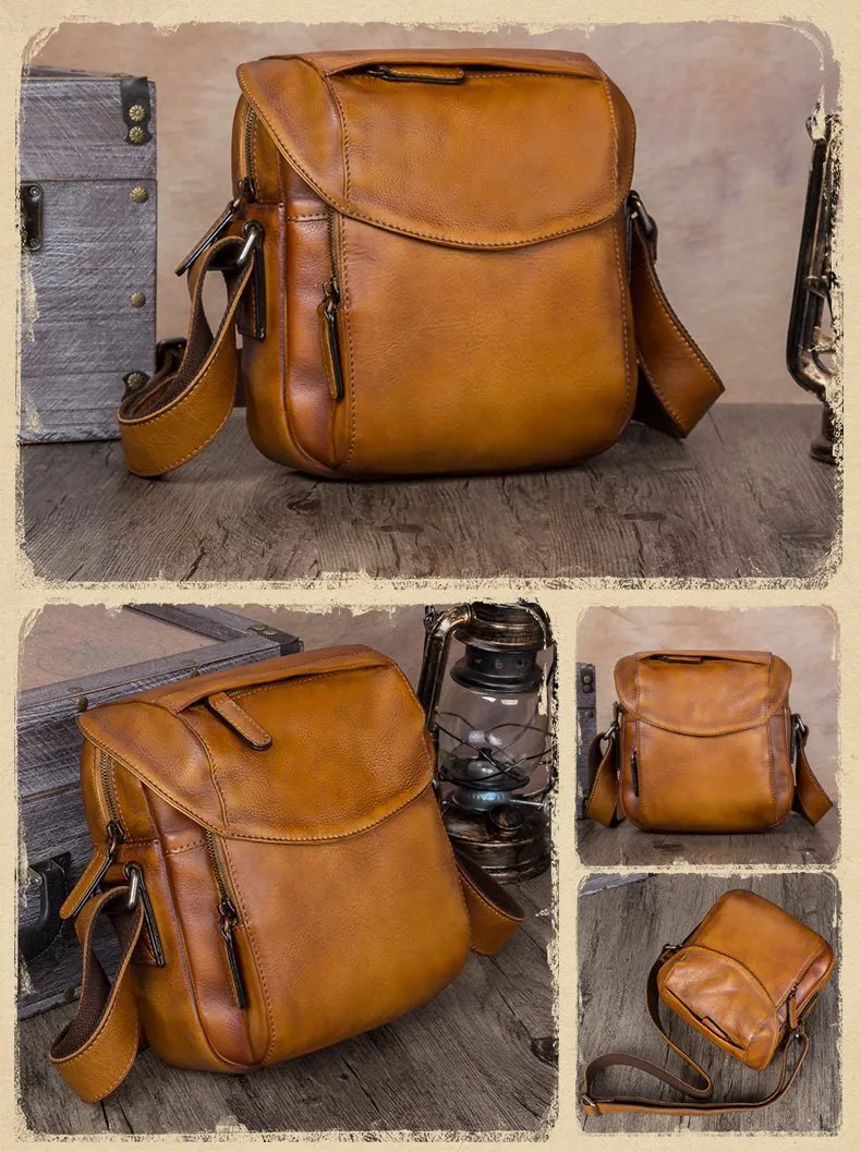 Brown Mens Leather Vintage Vertical Small Messenger Bags Small Side Bag Blue Courier Bag for Men