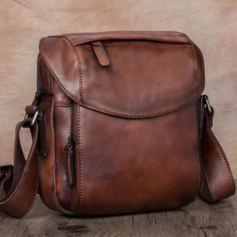 Brown Mens Leather Vintage Vertical Small Messenger Bags Small Side Bag Blue Courier Bag for Men