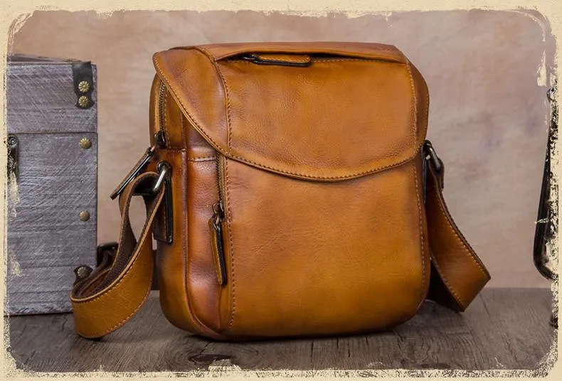 Brown Mens Leather Vintage Vertical Small Messenger Bags Small Side Bag Blue Courier Bag for Men